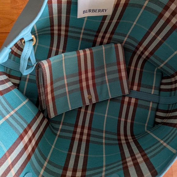 Burberry Light Blue Tote with Plaid Accent - Picture 9 of 11